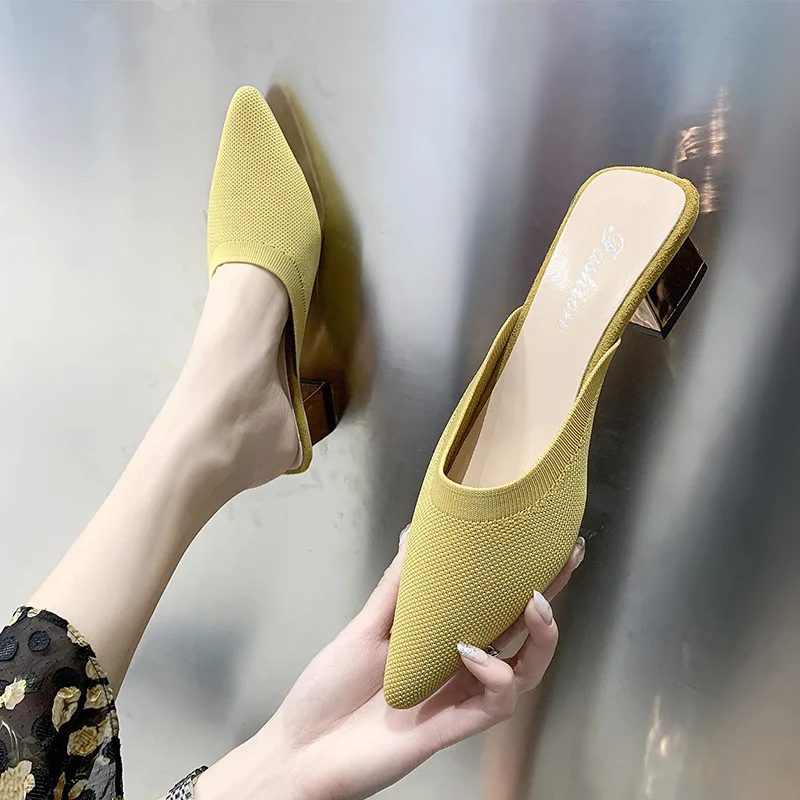 

High-Heeled Shoes Lady Ladies' Slippers Luxury Slides Slipers Women Square heel Med Pointed Toe Loafers Summer Designer 2022 Blo