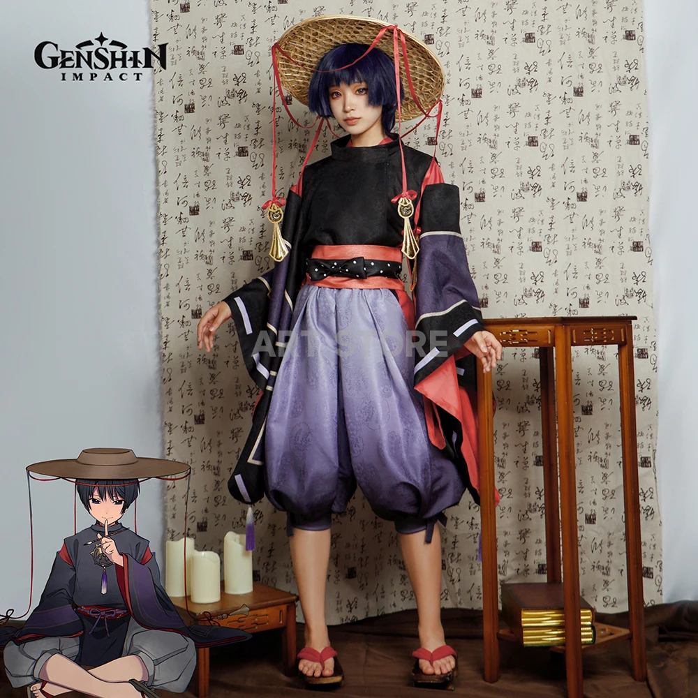 

Косплей арамише, костюм для косплея геншина, парик из темно-синих волос, кимоно с историей скейтбордистов, костюмы для косплея геншина унисекс