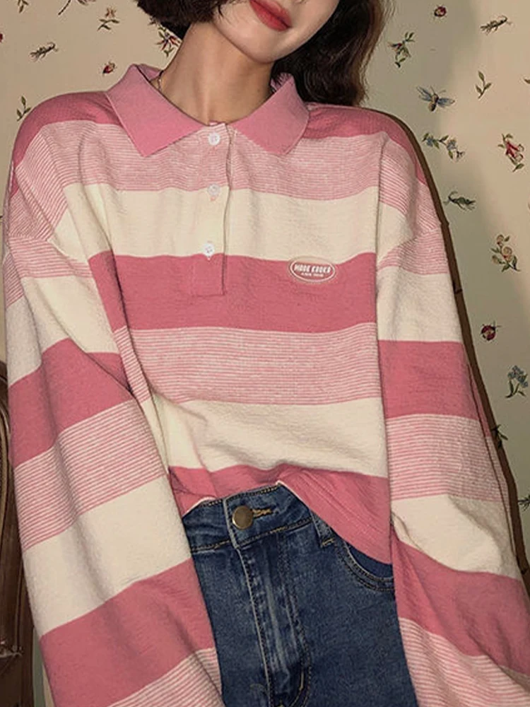 

Pink Striped Sweatshirts Women Spring Autumn Long Sleeve Loose Preppy Style Sweet T Shirt Oversized Casual Couple BF Lapel Tops