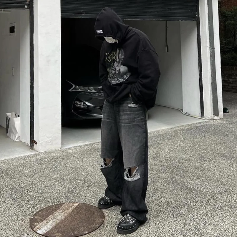 

Джинсы мужские/женские рваные в виде ведра, модные брюки из тяжелой ткани в уличном стиле, европейские размеры, Всесезонная альтернативная ...