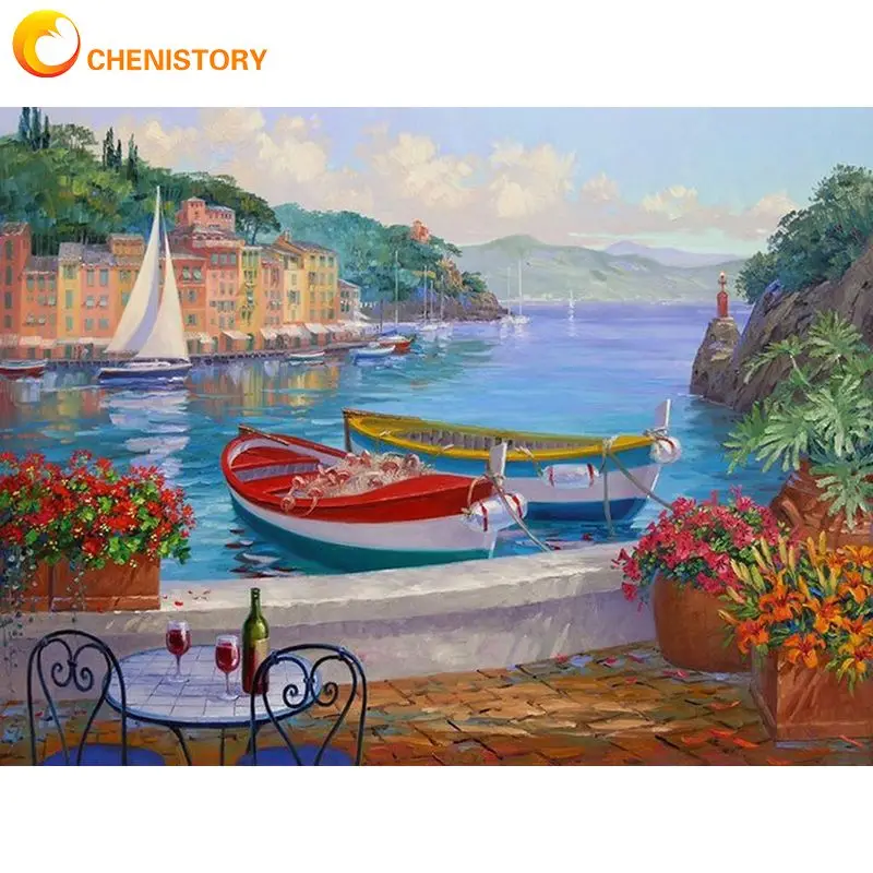 

CHENISTORY 60x75cm Painting By Numbers Handpainted Port Landscape Decorative Paintings For Adults Coloring By Number Paint Kit