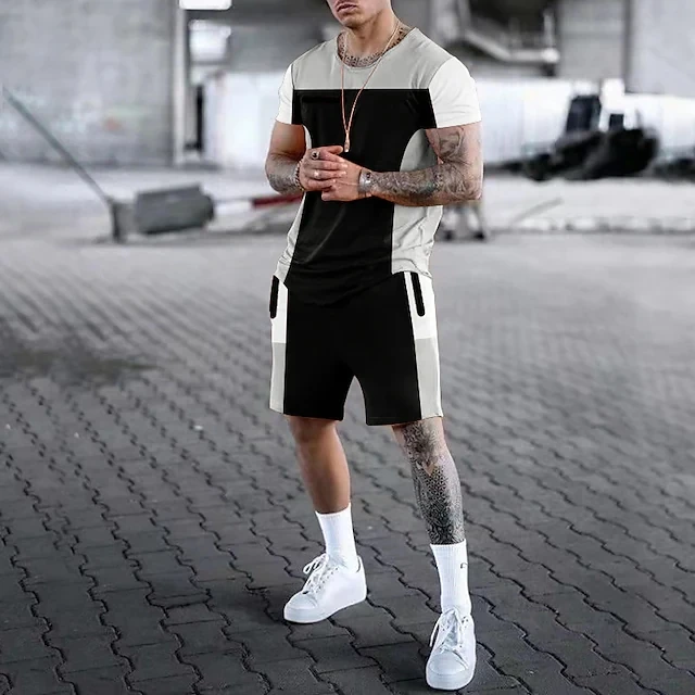 Men Clothing Shorts and T Shirts  Set 3D Print Color Block Crew Neck Ropa Short Sleeve 2 Piece Clothing Apparel
