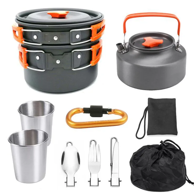 

1 Set Outdoor Pots Pans Camping Cookware Picnic Cooking Set Non-stick Tableware With Foldable Spoon Fork Knife Kettle Cup