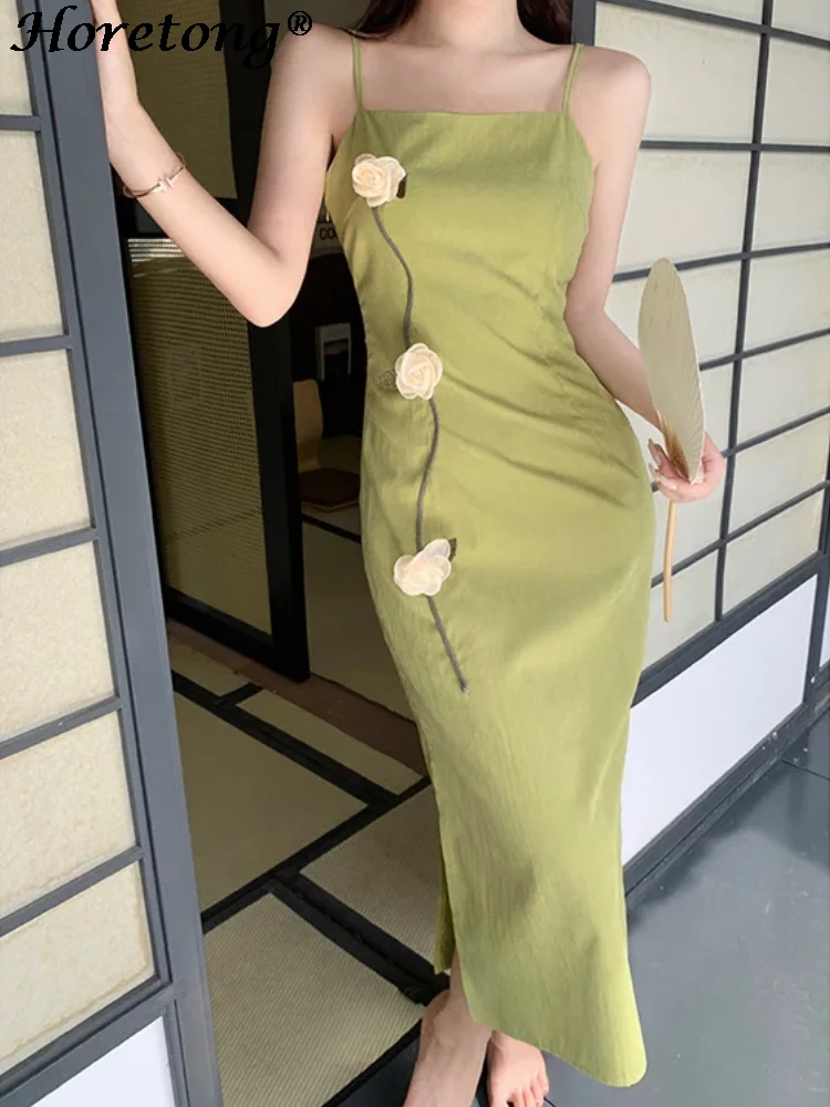 

Horetong Spaghetti Straps Dress Women Vintage Summer New Sexy Slim Midi Dresses Three-dimensional Flowers Sleeveless Split Dress