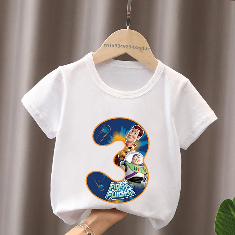 

Disney Toy Story Buzz Lightyear Woody Birthday Number Bow Kids T shirt 1 2 3 4 5 6 7 8 9 Years Girls Clothes Baby Boys T-Shirts