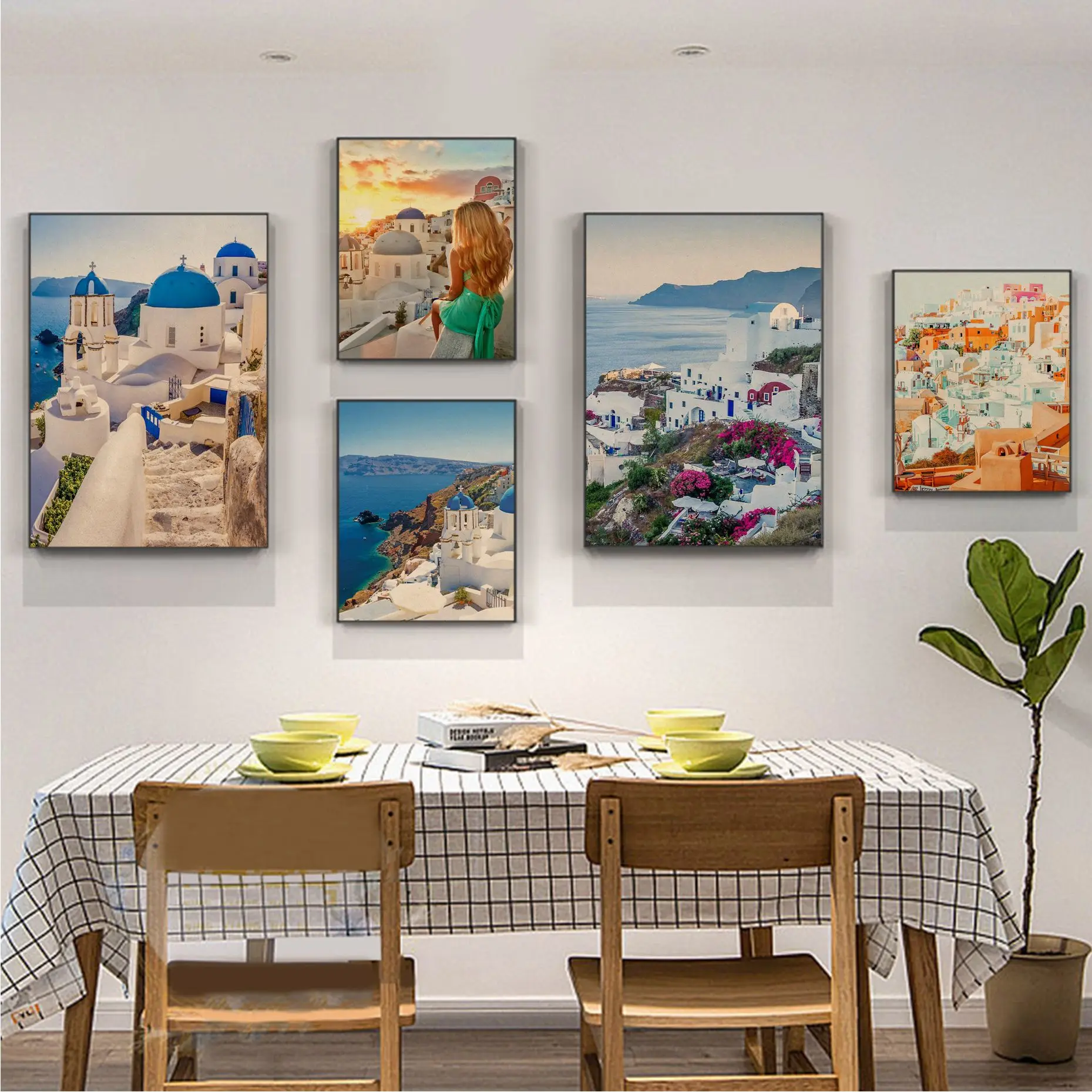

Santorini Spring Coastal Flower Seaside Town Vintage Posters Wall Art Retro Posters for Home Home decor