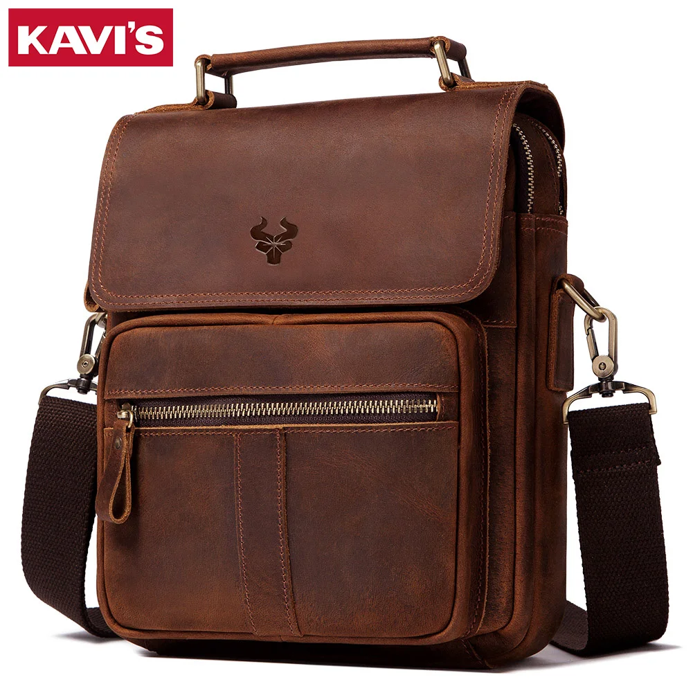 KAVIS Engraving Men's Crossbody Shoulder Bags High Quality Tote Fashion Business Man Messenger Bag Genuine Leather Capacity