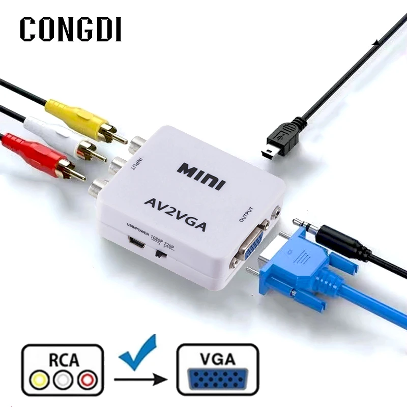 AV RCA CVBS To VGA Video Converter Adapter With 3.5mm Audio Cable For TV Box PC Monitor 1080P HDTV Mini |
