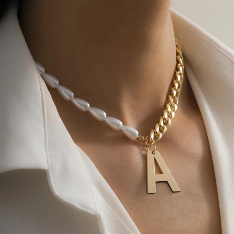 

Ailodo Punk Pearl Chain Letter A Choker Necklace For Women Gold Color Thick Link Short Necklace Vintage Fashion Jewelry Gift