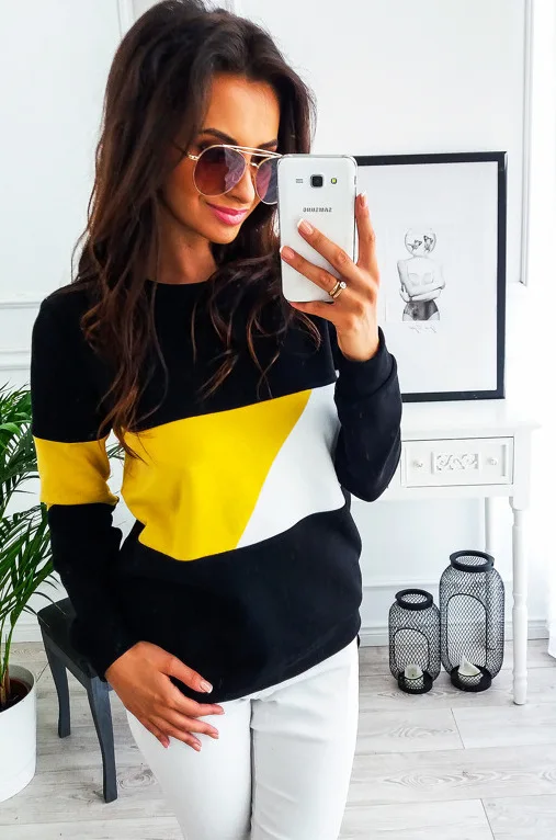 Худи с цветными блоками Женский Повседневный пуловер топ модная толстовка