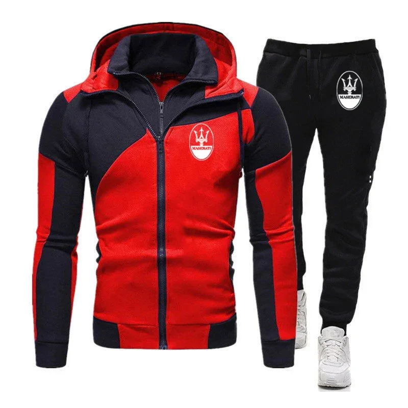 

Racing Car For Maserati 2023 Spring Autumn Men New Diagonal Zipper Color Matching Pullover Hoodie Hooded +Pant Sportswear Suit