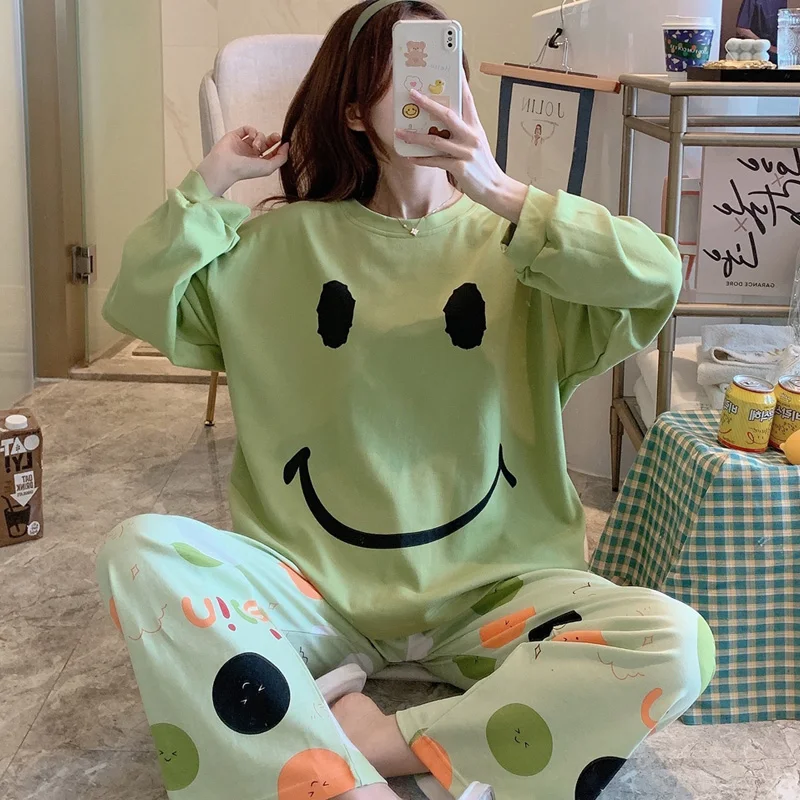 

Women Sleepwear Cartoon Loose Version Pajama Set Combed Cotton Fertilizer Increased Plus Size Pullover Nightgown XXXL