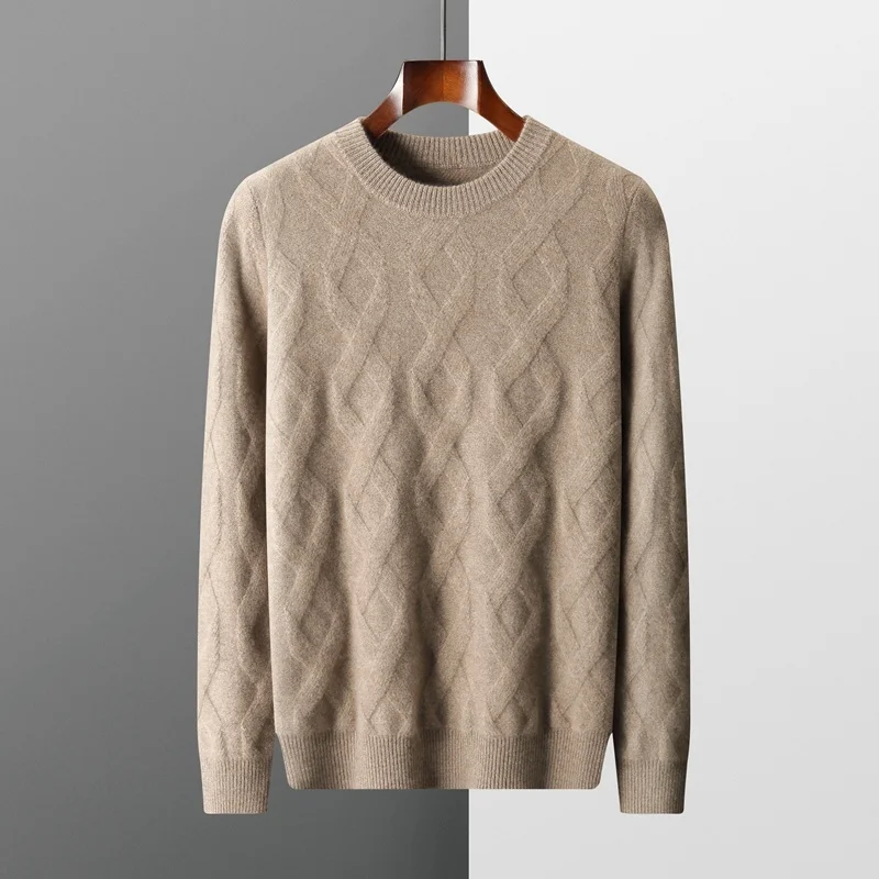 

2023 Winter Men Clothing O-neck 100% Goat Wool Thicker Sweater Mat Weave Pattern Knitted Male Cashmere Pullovers