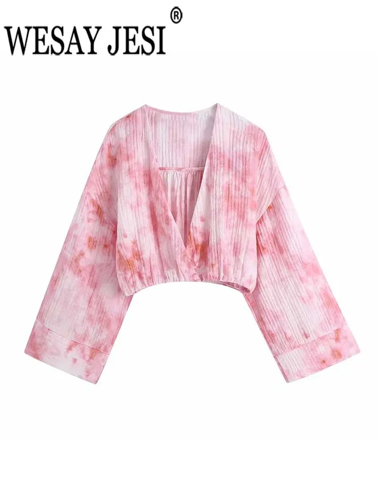 

WESAY JESI популярные модные с глубоким V-образным вырезом Короткие женские топы без талии свободные рукава три четверти розовый принт Милая жен...