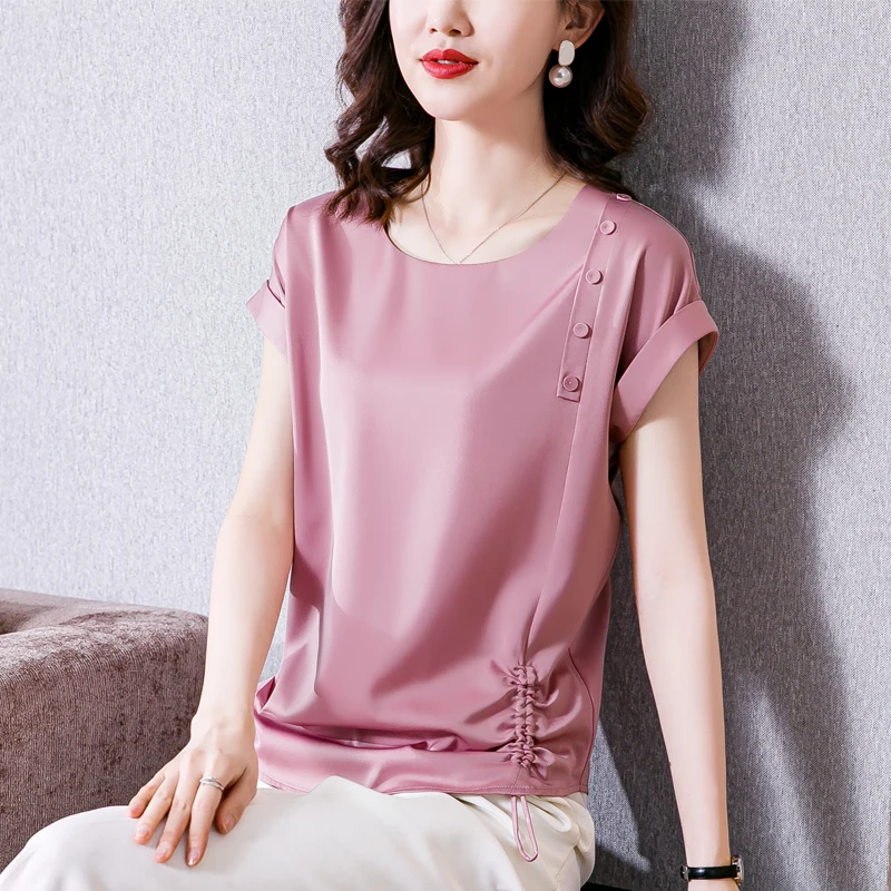 

Satin Silk Blouse Women 2023 New Button Shirring Short-sleeved Ladies Tops Fashion Solid O-Neck Basic OL Clothing Womens Blouses
