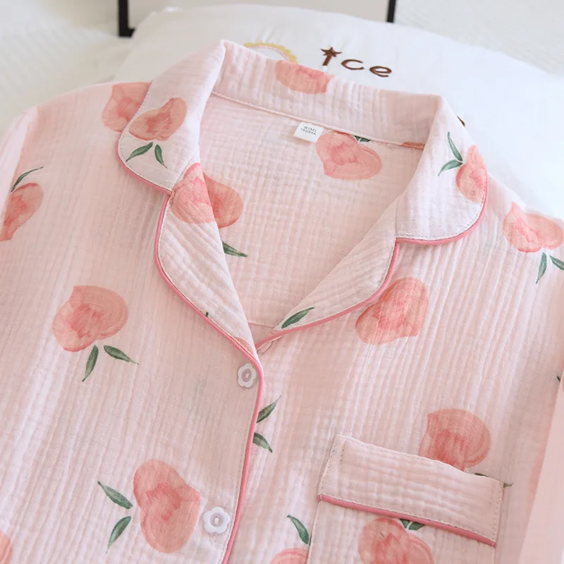 Woven Cotton Women Pajamas Set Crepe Suit Lapel Washed Cotton Double Gauze Fruit Breathable Four Seasons Thin Large Home Clothes