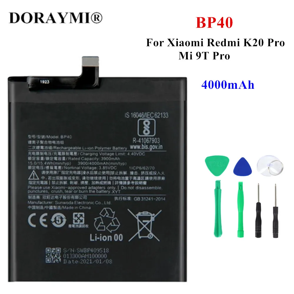 

Оригинальный аккумулятор BP40 4000 мАч для телефона Xiaomi Redmi K20 Pro Mi 9T Pro, сменные батареи, батарея + Инструменты