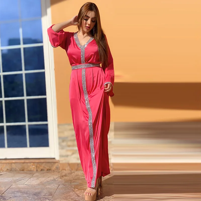 

Robe Femme Musulmane Muslim Dress Solid Diamonds Muslim Fashion Arab Middle East Robe Belt Dubai Abaya Turkey Vestido Femino