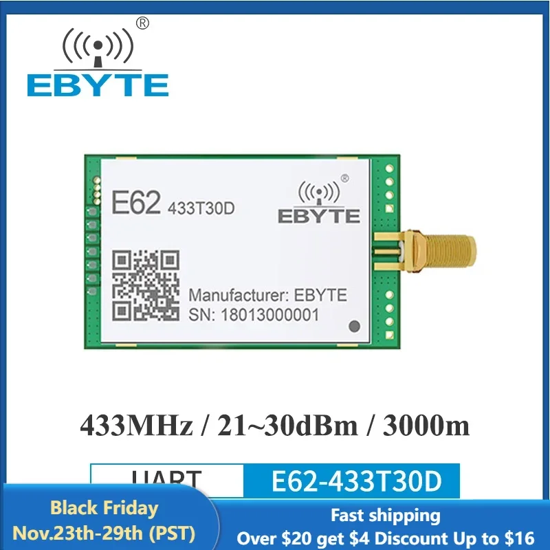 

Wireless Module EBYTE E62-433T30D 433Mhz Full Duplex FHSS UART 30dBm 1W Long Distance Wireless Transmitter And Receiver Module