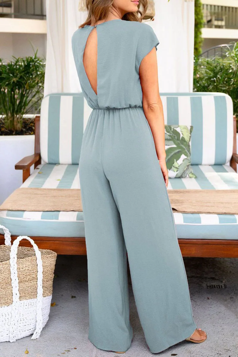 Summer V-Neck Bandage High Waist Jumpsuit 2023 Women Solid Colors Elegant Backless Short Sleeve Playsuits Casual Commute Clothes