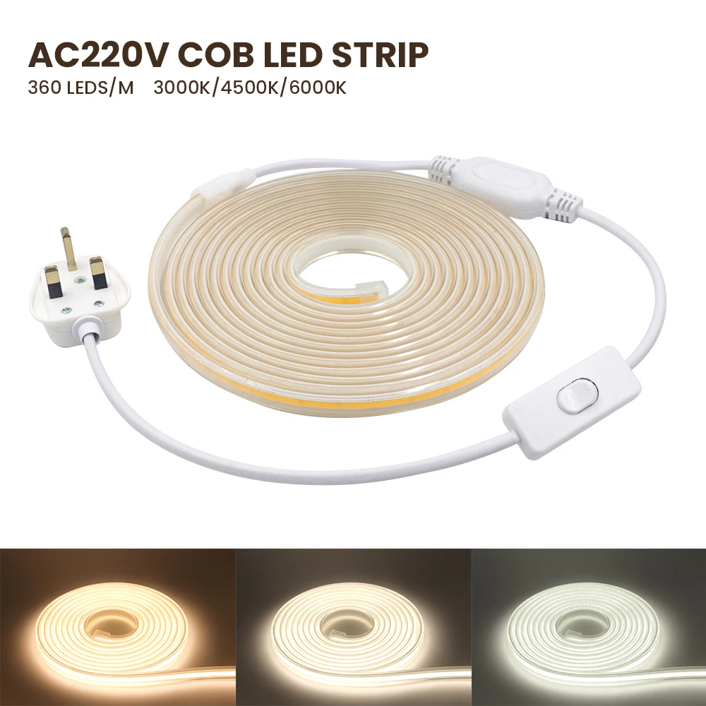 Светодиодная лента COB с переключателем ВКЛ./ВЫКЛ. гибкая Водонепроницаемая