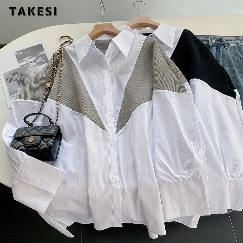 

Korean Style Patchwork Loose Long Sleeve Single Breasted Shirt 2023 Autumn Winter Women Casual Turn-Down Collar Baggy Blouse Top