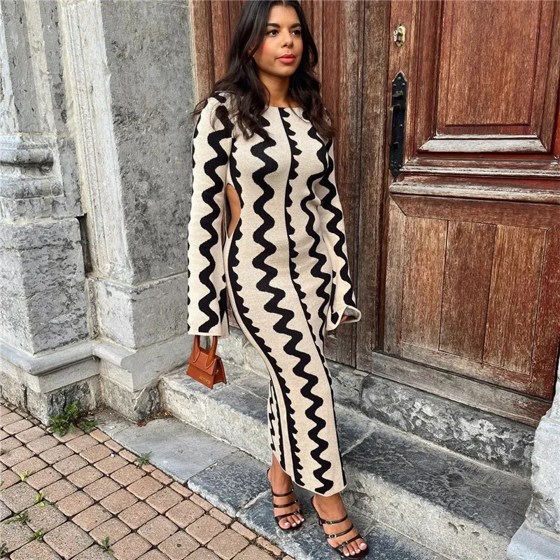 

Женское трикотажное платье-карандаш, винтажное длинное платье с волнистым принтом, элегантное платье-карандаш с длинным рукавом, вырезом лодочкой и вырезом на талии