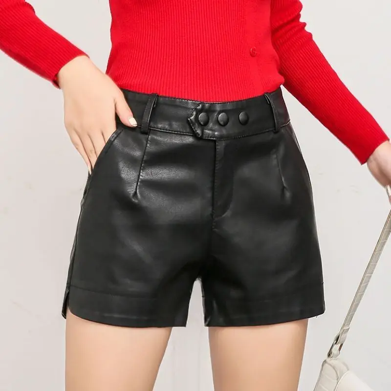 New PU Leather Shorts Women Shorts All-match Wide Leg Short Ladies Sexy Leather Shorts