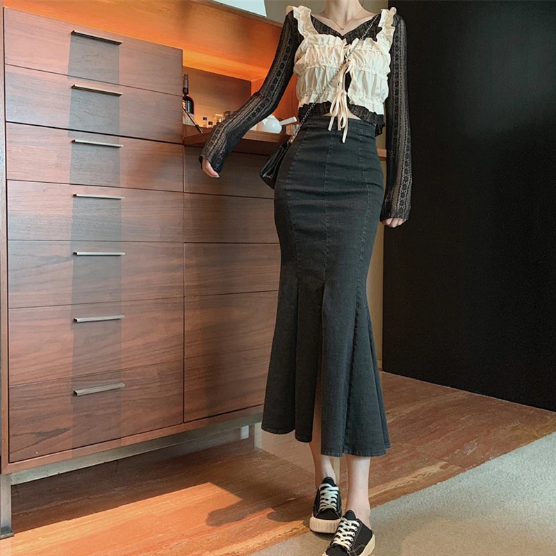 

Women High Waist Pencil Bodycon Vintage Denim Long Skirts Mermaid Pleated Skinny Split Slim Fit Wrap Plus Size Sexy Skirt Female