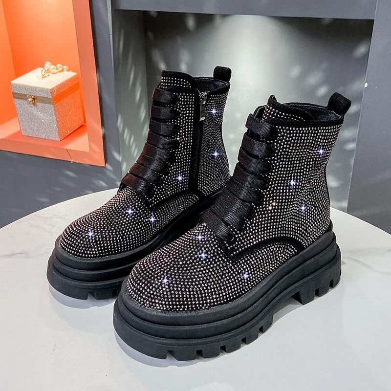 

New Fashion Bling Crystal Chunky Ankle Boots for Women Luxury Rhinestones Winter Shoes Thick Bottom Platform 2024 Spring