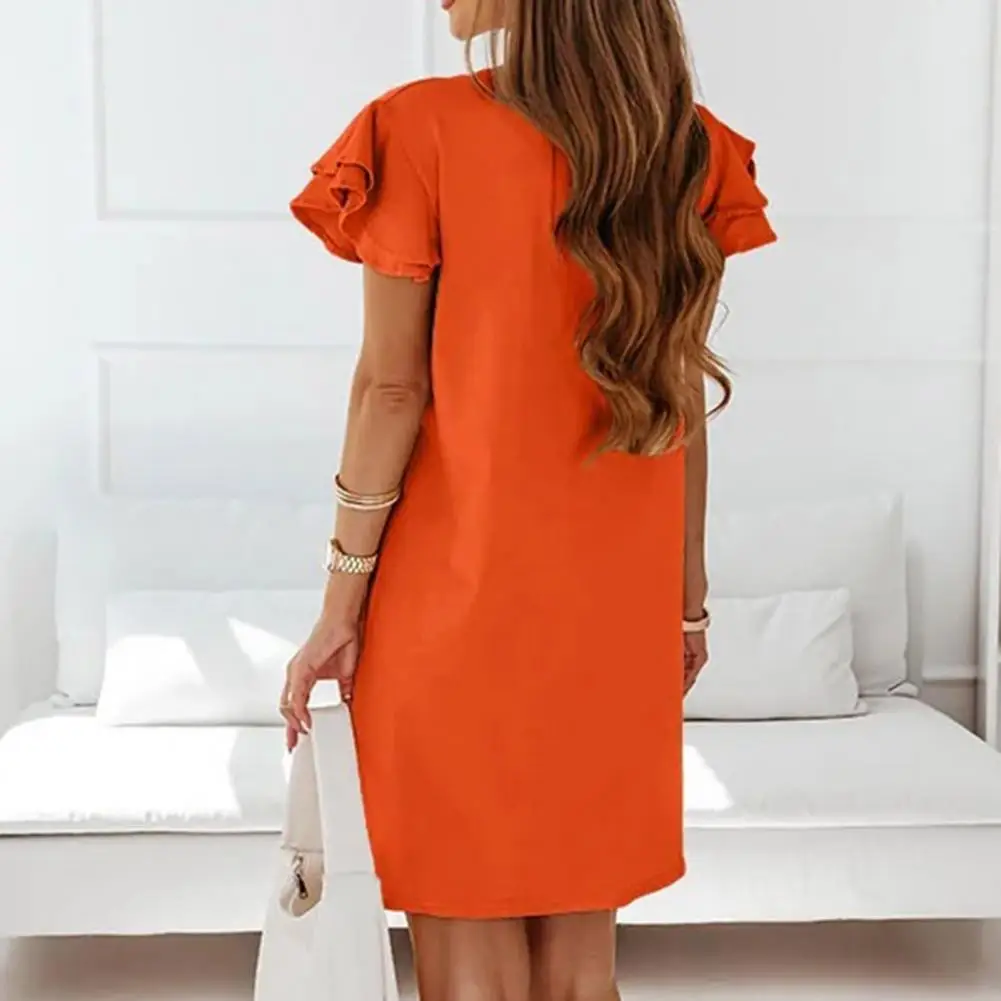 

Above Knee Simple Ruffles Short Sleeve Pure Color Mini Dress Female Clothes