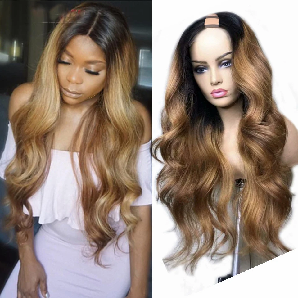 Long 24 inch Ombre Honey Blonde Body Wave  U Part Wig European Remy Human Hair Wig Glueless Natural  Jewish Soft Wig For Women