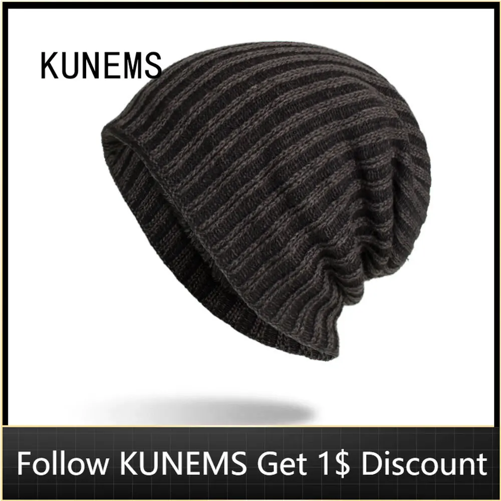 

KUNEMS Two-tone Striped Knitted Hats for Men Bonnets Winter Fashion Beanies Caps Casual Soft Hat Dad Cap Gorras Hombre