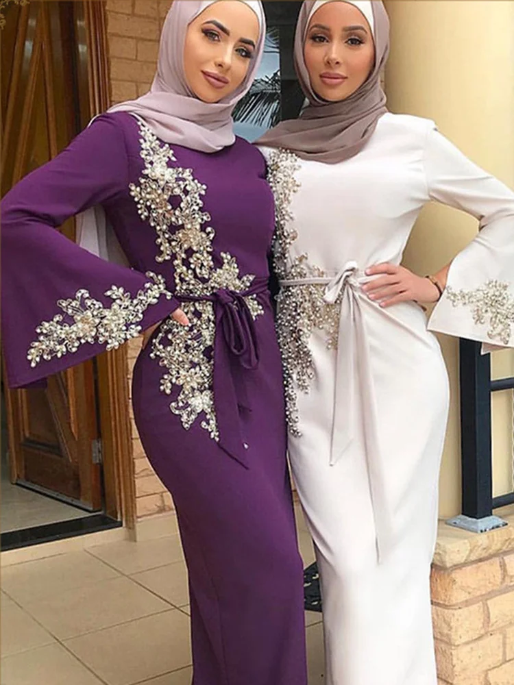 Дубай арабское женское мусульманское платье абайя Бисероплетение мусульманская одежда с цветочным принтом на шнуровке искусственный кафт...