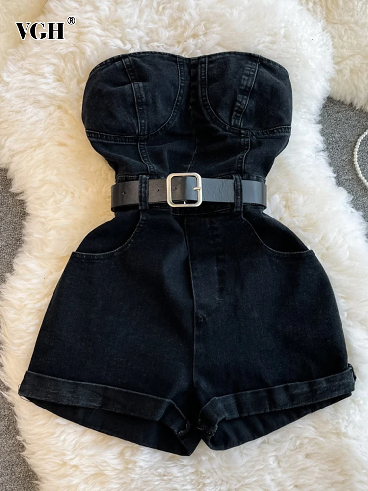 

VGH Patchwork Zipper Playsuit For Women Strapless High Waist Spliced Belt Solid Slimming Denim Playsuits Female Fashion Clothes