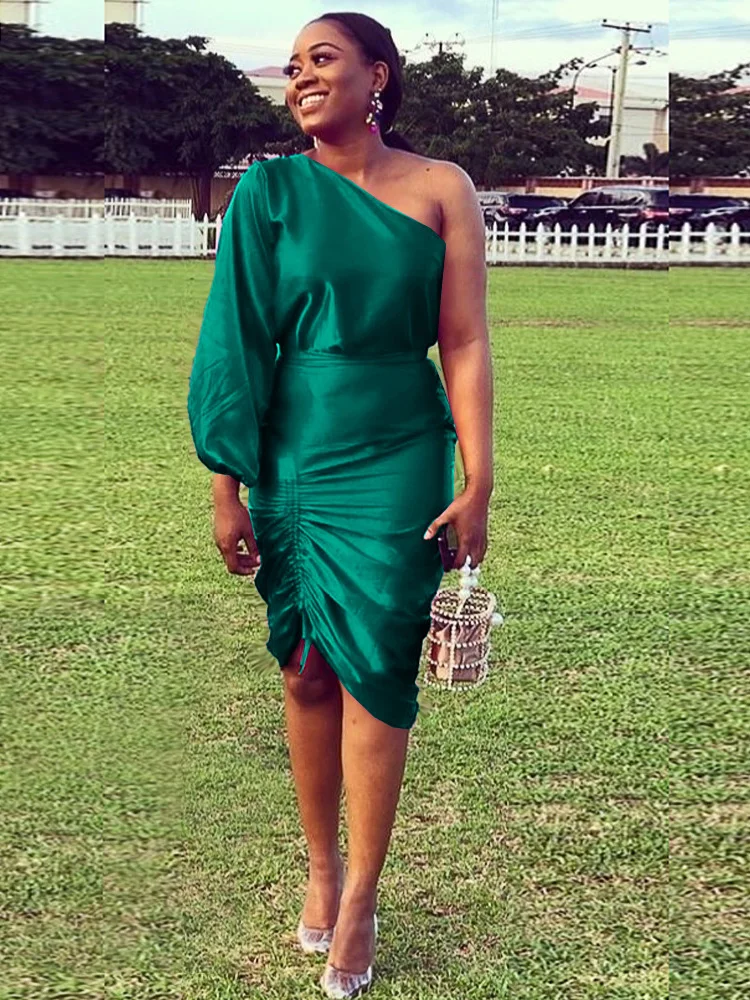 

Sexy One Shoulder Draw String Women's Dress Elegant Asymmetrical Diagonal Collar Backless Silm Evening African Midi Robe Femme