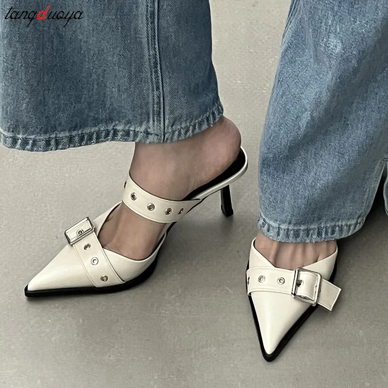 

rivet heels sandals slippers Pointed Toe Women Slipper Fashion Shallow Slip On Ladies Mules Shoes Thin High Slides white silver