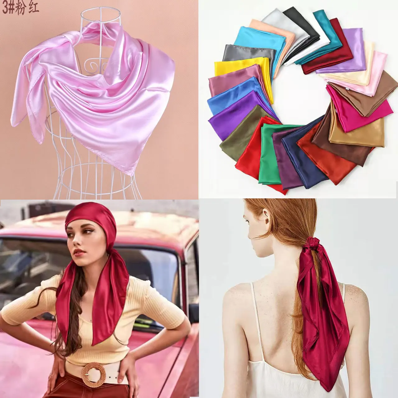 

90x90cm Square Satin Silk Scarf Hair Scarf Headband Head Band Small Ribbon Neckties Neckerchief Bow Ties Shawl Hair Accessories