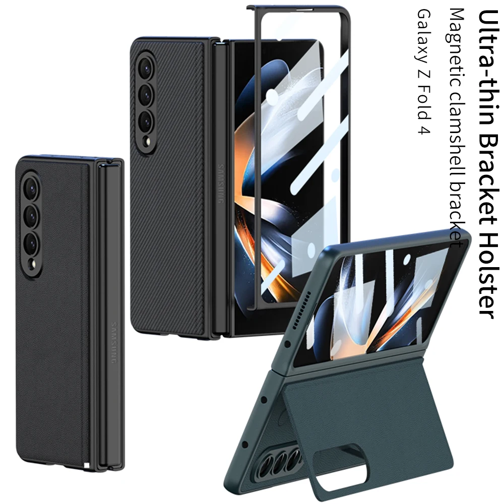 

Ultra Thin Bracket Leather Case for Samsung Galaxy Z Fold 4 5 Fold4 with HD Tempered Film Magnetic Flip Protection Fold5 Cover