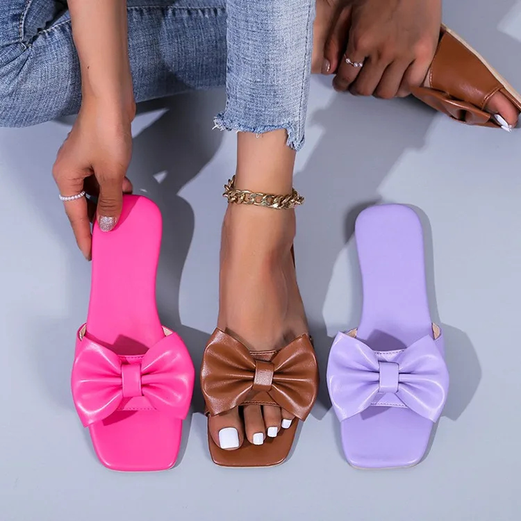 

2023 Women Summer New Bow-knot Slippers Fashion Flat Large Size Candy Colors Sandals Female Sexy Casual Outdoor Beach Shoes