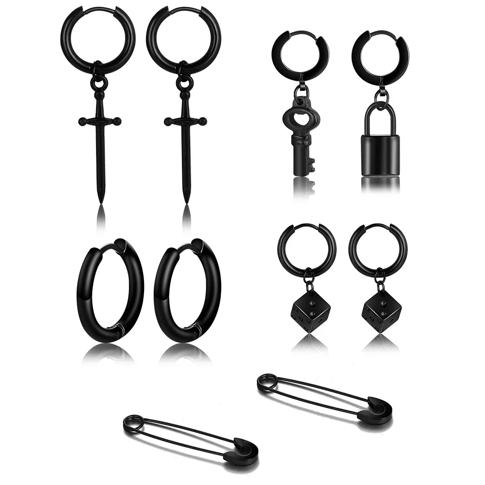 

Black Unisex Stainless Steel Punk Man Black Drop Earrings Geometry Triangle Star Cross Fish Love Feather Party Multiple Gothic