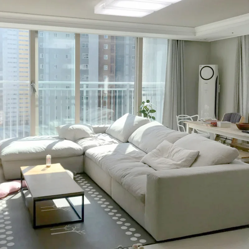 

Современный домашний диван в гостиную, набор мебели, угловые модульные диваны из белой льняной перьевой кремовой бежевой ткани l-образной формы, секционный диван