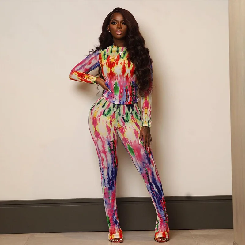 Sexy Mesh Aesthetic Print Co-Ord Two Piece Sets Women Summer Long Sleeve Top and Thing Trouser Outfits Suit Streetwear