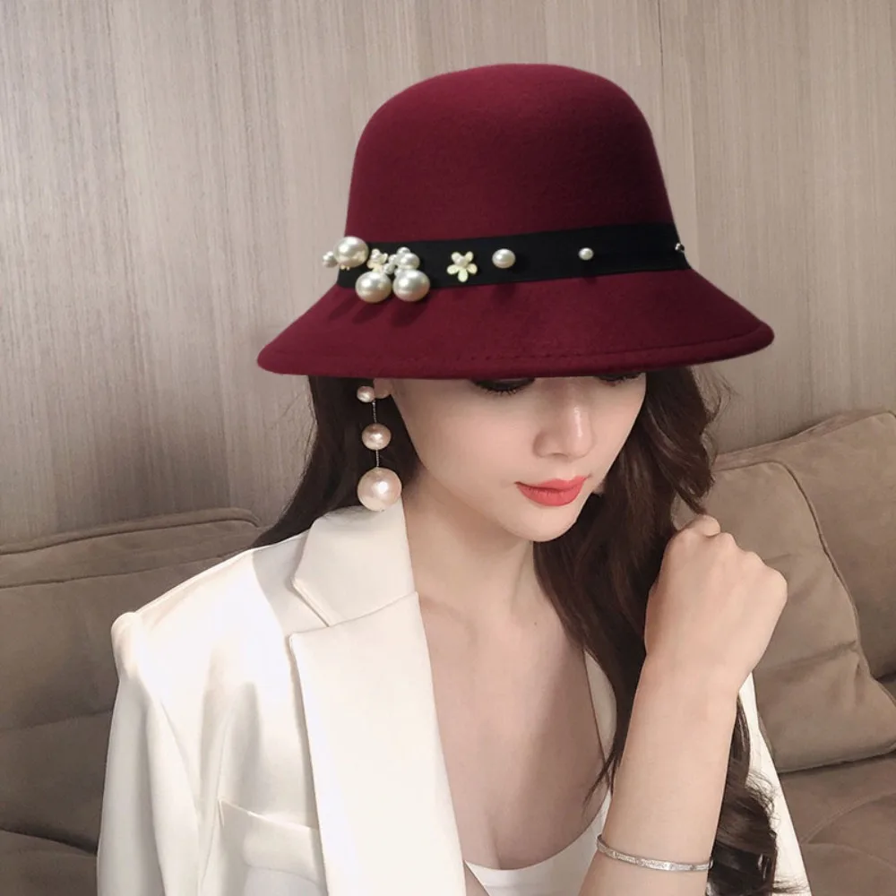 

Women Elegant Fedora Pearl Ribbon Solid Color Wool Felt Church Hat Autumn Winter Ladies Warm Cap Luxury Wedding Ceremony Cap