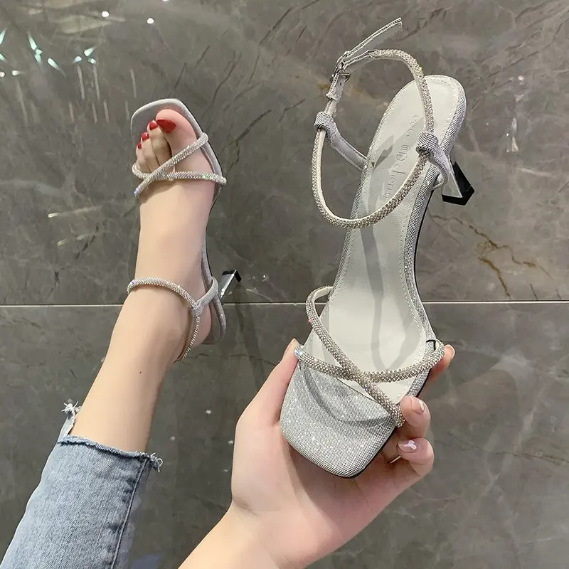 

BCEBYL New Arrival Fashion Summer New Square Toe Stiletto Sexy Open Toe Sandals Party Banquet Wedding Rhinestone Women's Shoes