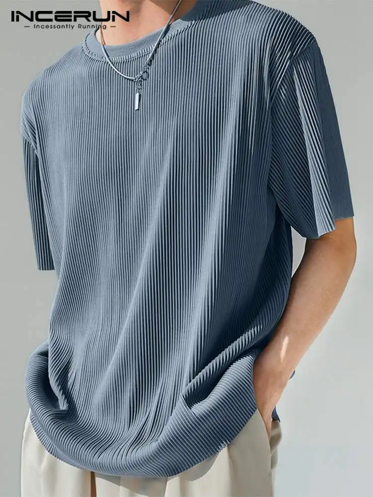 

INCERUN Fashion Men T Shirt O-neck Solid Color Short Sleeve Streetwear Summer 2022 Men Clothing Loose Casual Tee Tops S-5XL