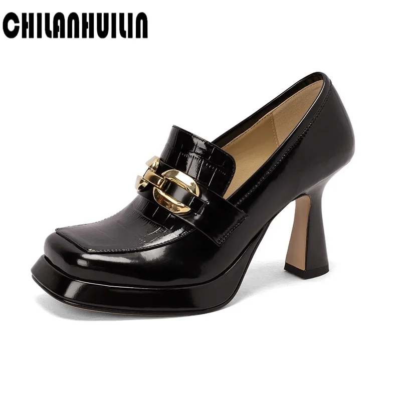 metal chain loafers women leather pumps high heel shoes spring retro casual square toe ladies platform female office lady shoes