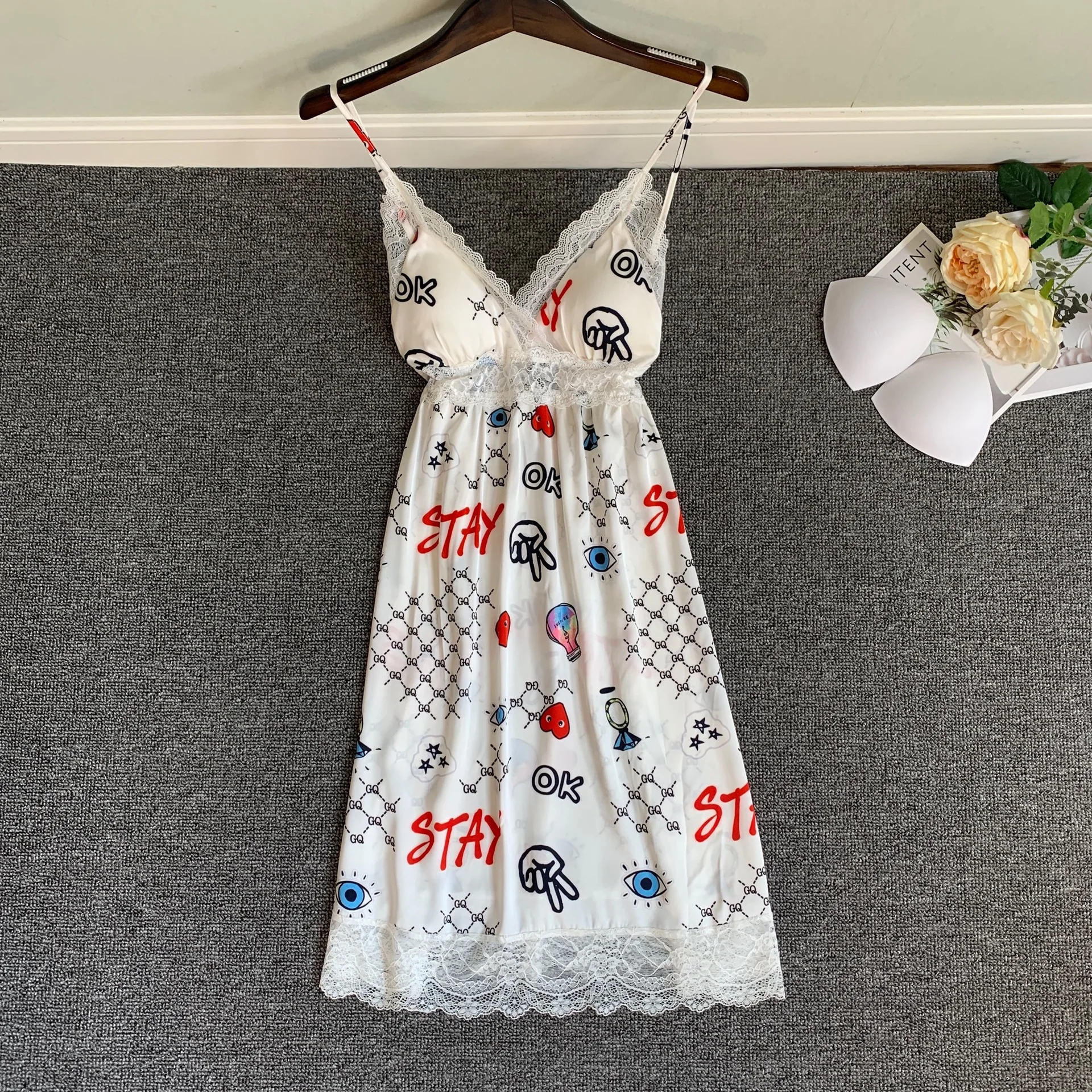 Printed suspender nightdress ladies summer ice and snow silk sexy pajamas pure desire small fresh home clothes sleepwear