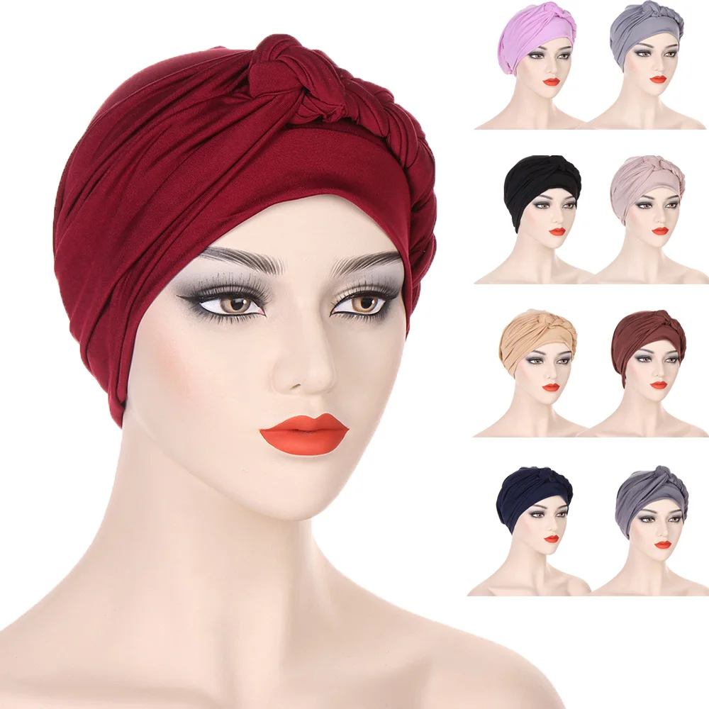 

Indian Women Muslim Braids Hijab Chemo Cap Bonnet Islamic Arab Cancer Turban Hair Loss Hats Beanies Solid Femme Headwrap Scarf