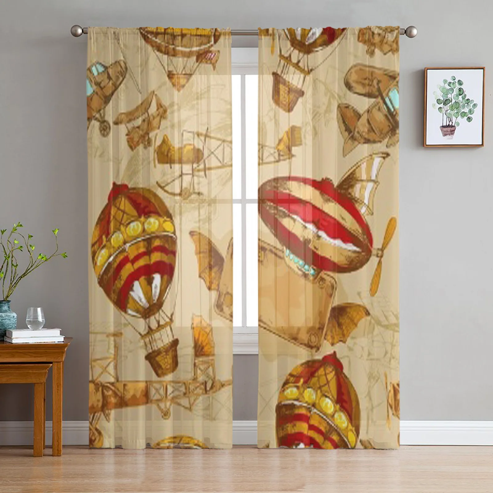 

Aeronautic Transport Old Style Aviation Machines Seamless Pattern Tulle Sheer Curtains for Living Room Voile Organza Curtain